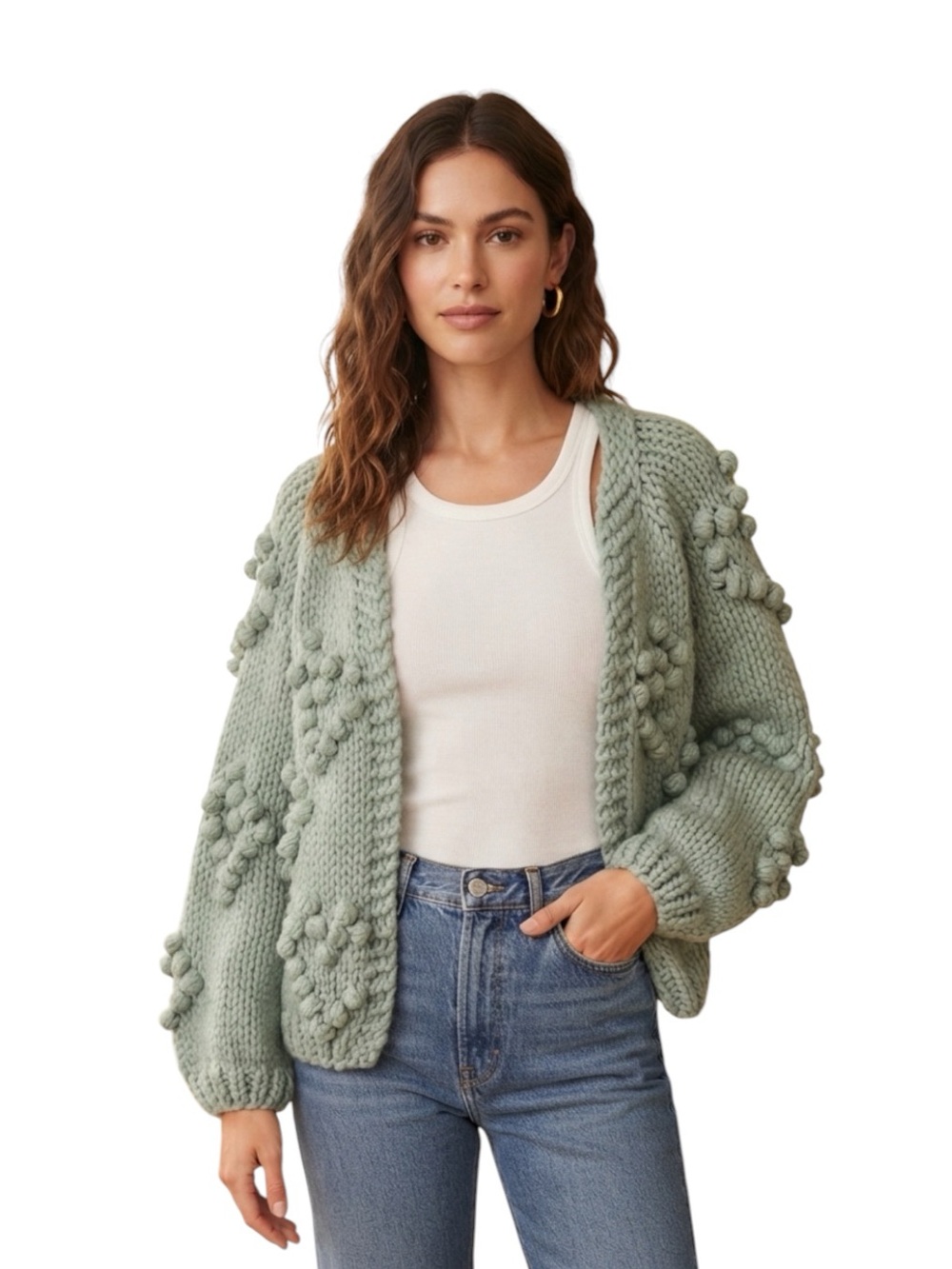 Francesca's Collections Sage Green Chunky Bobble Knit Cardigan Oversized S